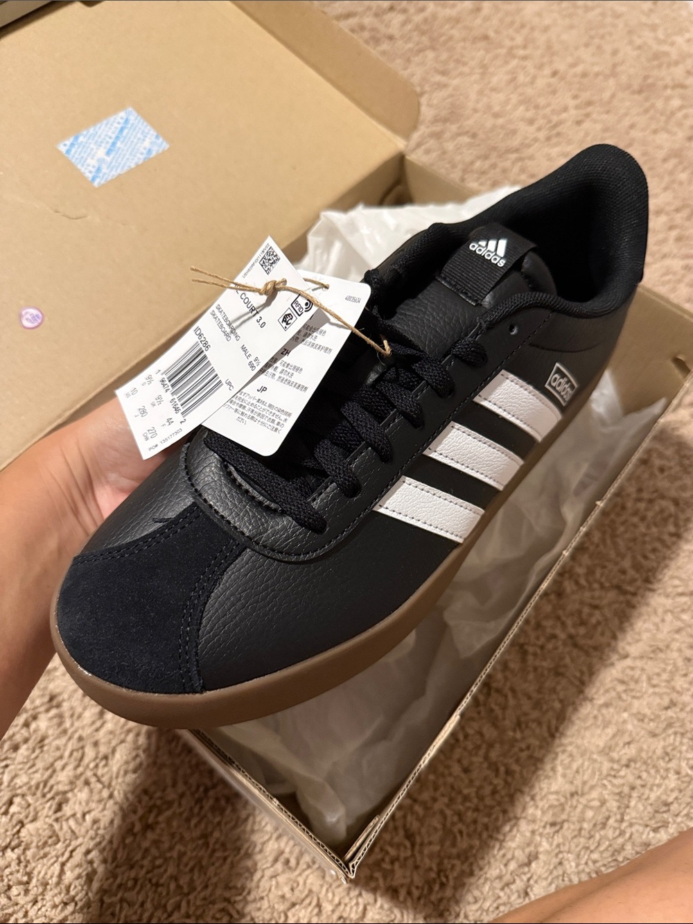 adidas Men’s Black Sneakers with White Stripes and Gum Sole